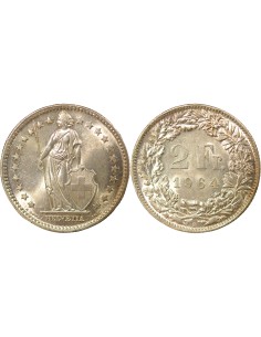 Suisse Helvetia debout 2 francs Argent 1964 Berne