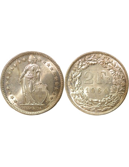 Suisse Helvetia debout 2 francs Argent 1964 Berne