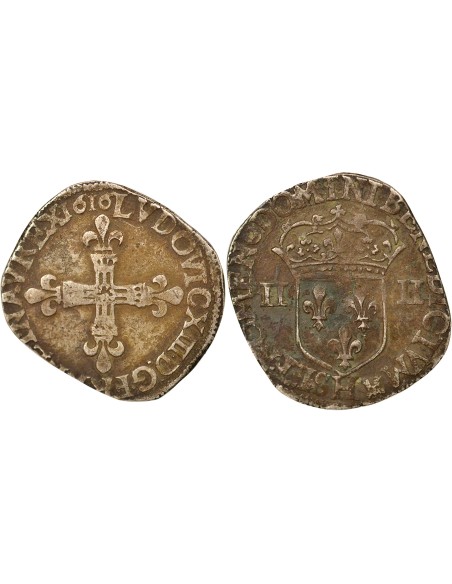 Louis XIII A la Croix fleurdelisée 1/4 ecu Argent 1616 H La Rochelle