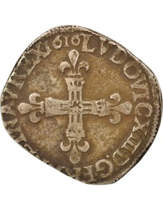 Louis XIII A la Croix fleurdelisée 1/4 ecu Argent 1616 H La Rochelle 2