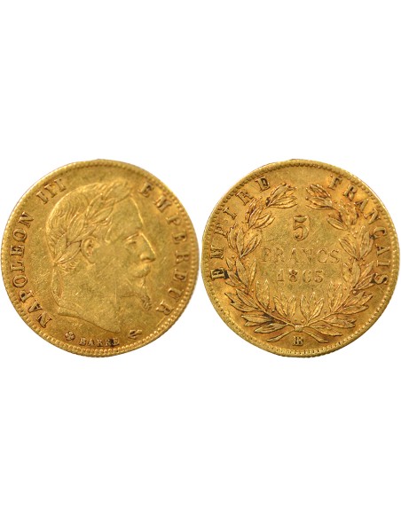 Napoléon III Tête laurée 5 francs Or 1865 BB Strasbourg