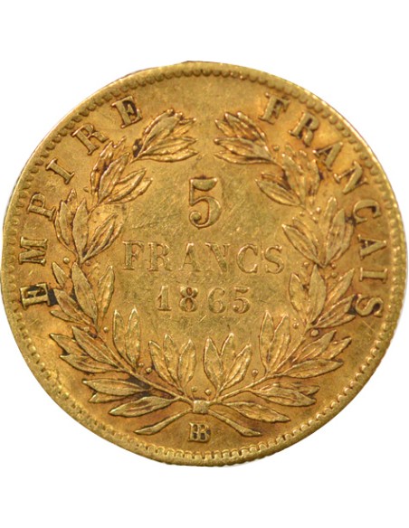 Napoléon III Tête laurée 5 francs Or 1865 BB Strasbourg