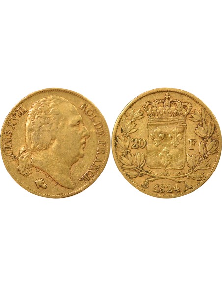 Louis XVIII Tête nue 20 francs Or 1824 A - Paris
