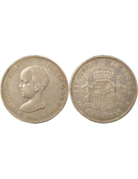 Espagne Alphonse XIII d'Espagne 5 pesetas Argent 1889 AI Madrid