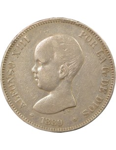 Espagne Alphonse XIII d'Espagne 5 pesetas Argent 1889 AI Madrid 2