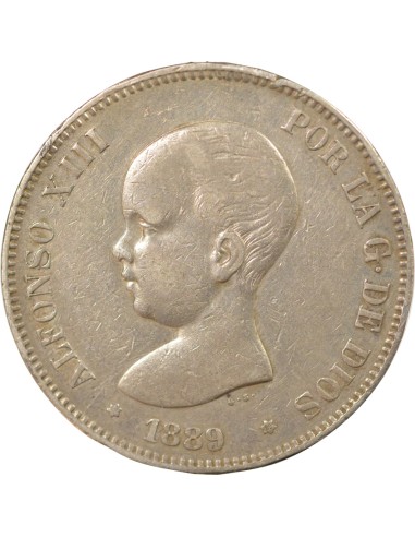 Espagne Alphonse XIII d'Espagne 5 pesetas Argent 1889 AI Madrid