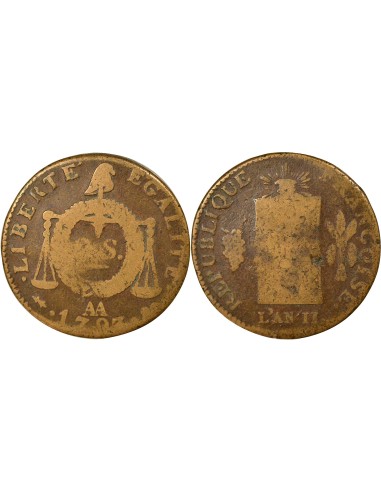 Louis XVI A la Balance 2 sols Cuivre 1793 AA Metz