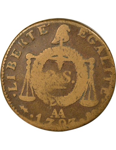 Louis XVI A la Balance 2 sols Cuivre 1793 AA Metz