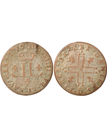 Louis XIV Mousquetaire 30 deniers Billon 1710 D Lyon