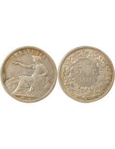 Suisse Helvetia Assise 5 francs Argent 1851 A - Paris