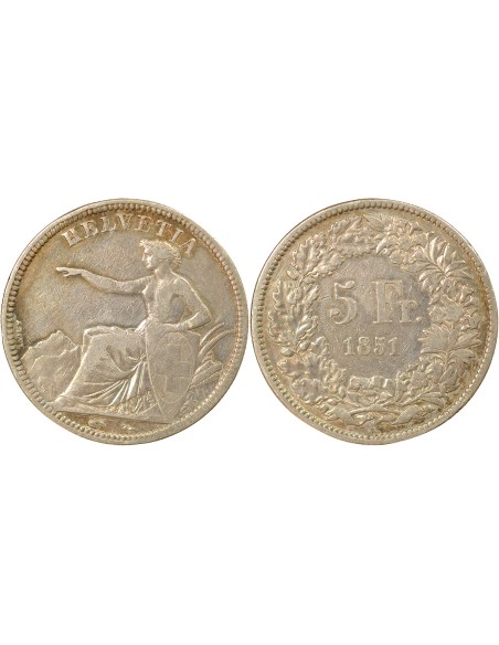 Suisse Helvetia Assise 5 francs Argent 1851 A - Paris
