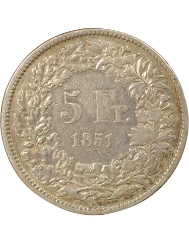 Suisse Helvetia Assise 5 francs Argent 1851 A - Paris