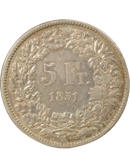 Suisse Helvetia Assise 5 francs Argent 1851 A - Paris