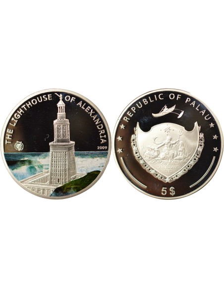 Palaos Phare d'Alexandrie 5 dollars Argent 2009