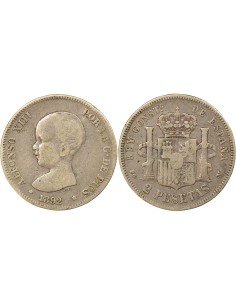 Espagne Alphonse XIII d'Espagne 1er Portrait 2 pesetas Argent 1892 AI Madrid