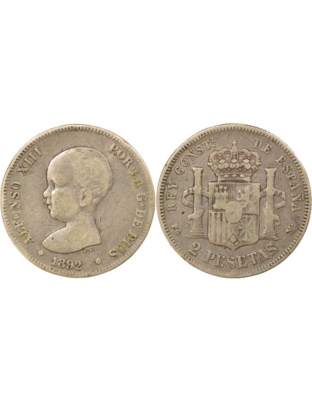 Espagne Alphonse XIII d'Espagne 1er Portrait 2 pesetas Argent 1892 AI Madrid