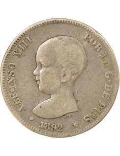 Espagne Alphonse XIII d'Espagne 1er Portrait 2 pesetas Argent 1892 AI Madrid 2