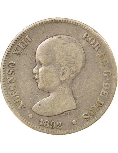 Espagne Alphonse XIII d'Espagne 1er Portrait 2 pesetas Argent 1892 AI Madrid