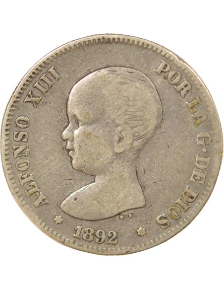 Espagne Alphonse XIII d'Espagne 1er Portrait 2 pesetas Argent 1892 AI Madrid