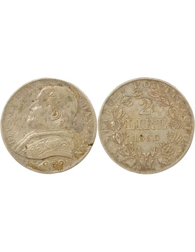 Etat Pontifical Pie IX 2 lire Argent 1866 R Rome