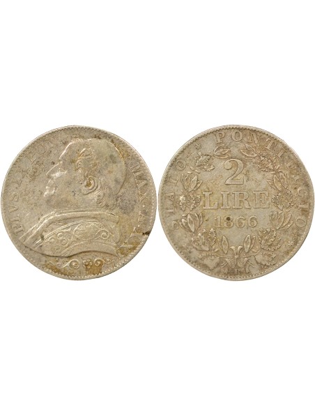 Etat Pontifical Pie IX 2 lire Argent 1866 R Rome