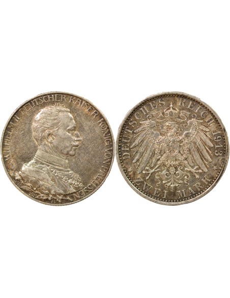 Etats Allemands (Prusse) Guillaume II 25e Anniversaire 2 mark Argent 1913 A - Paris