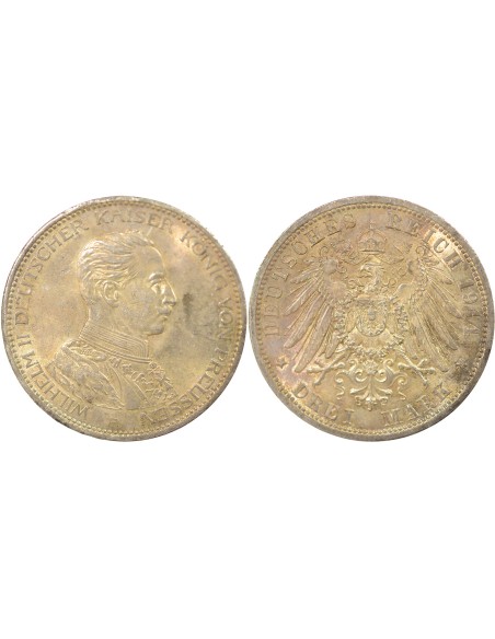 Etats Allemands (Prusse) Guillaume II 3 mark Argent 1914 A Berlin