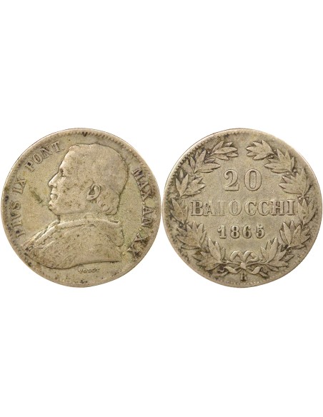 Etat Pontifical Pie IX 20 baiocchi Argent 1865 R Rome