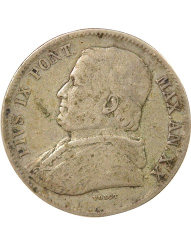 Etat Pontifical Pie IX 20 baiocchi Argent 1865 R Rome