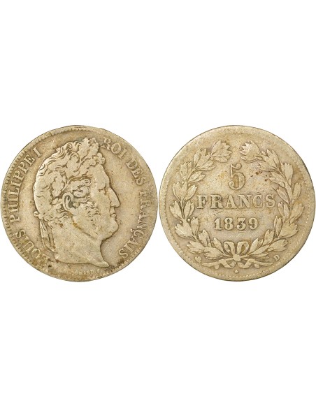 Louis-Philippe Ier Tr. en Relief 5 francs Argent 1839 D Lyon