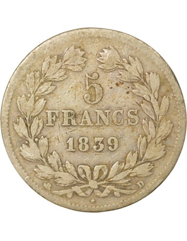Louis-Philippe Ier Tr. en Relief 5 francs Argent 1839 D Lyon