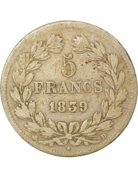 Louis-Philippe Ier Tr. en Relief 5 francs Argent 1839 D Lyon