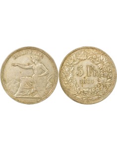 Suisse Helvetia Assise 5 francs Argent 1874 B. Bruxelles