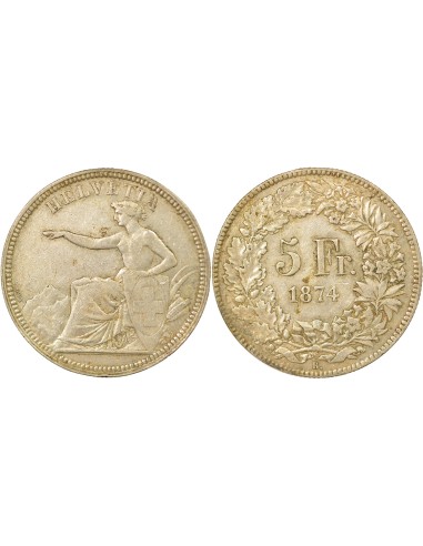 Suisse Helvetia Assise 5 francs Argent 1874 B. Bruxelles