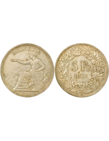 Suisse Helvetia Assise 5 francs Argent 1874 B. Bruxelles