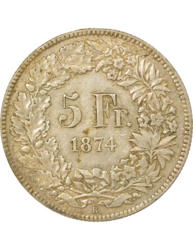 Suisse Helvetia Assise 5 francs Argent 1874 B. Bruxelles