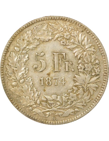 Suisse Helvetia Assise 5 francs Argent 1874 B. Bruxelles