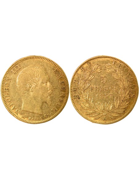 Napoléon III Tête nue 5 francs Or 1857 A - Paris