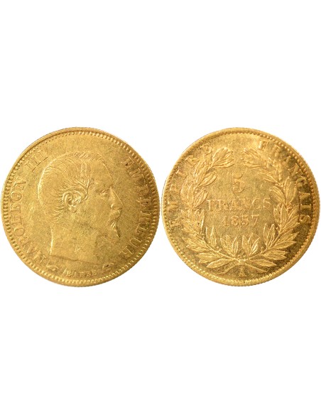 Napoléon III Tête nue 5 francs Or 1857 A - Paris