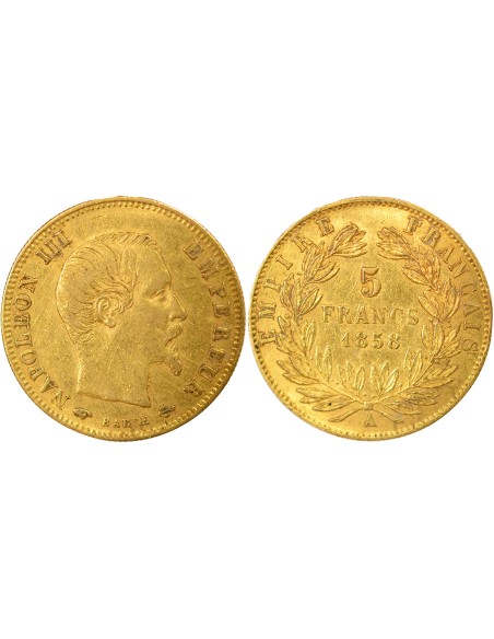 Napoléon III Tête nue 5 francs Or 1858 A - Paris