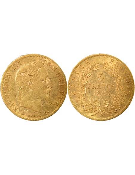 Napoléon III Tête Laurée 5 francs Or 1863 A - Paris