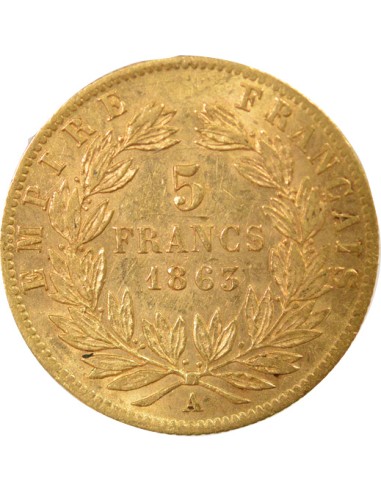 Napoléon III Tête Laurée 5 francs Or 1863 A - Paris