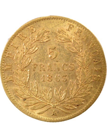 Napoléon III Tête Laurée 5 francs Or 1863 A - Paris