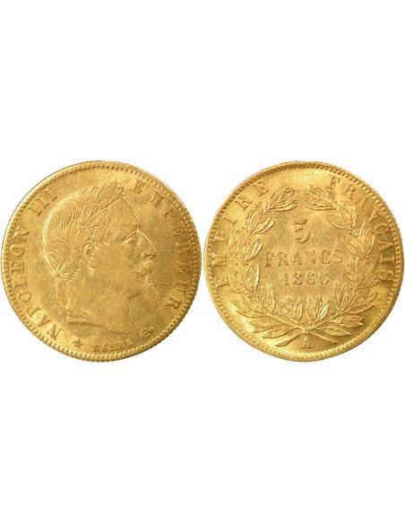 Napoléon III Tête Laurée 5 francs Or 1866 A - Paris