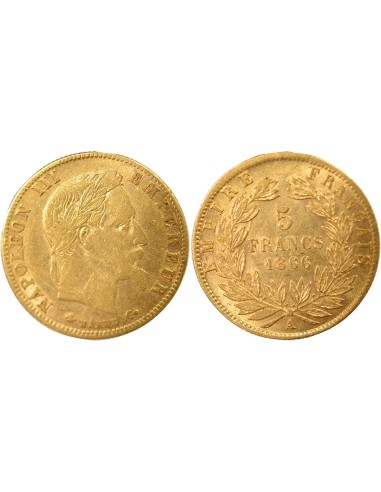 Napoléon III Tête Laurée 5 francs Or 1866 A - Paris