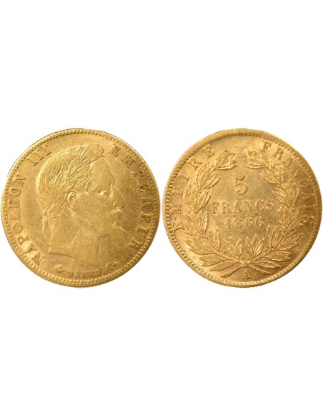 Napoléon III Tête Laurée 5 francs Or 1866 A - Paris