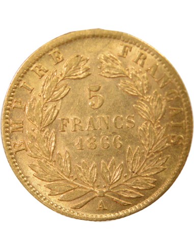 Napoléon III Tête Laurée 5 francs Or 1866 A - Paris