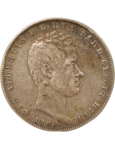 Sardaigne Charles-Albert 5 lire Argent 1848 CL Gênes