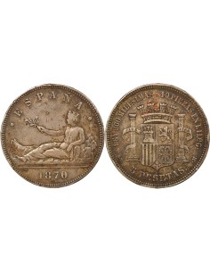 Espagne 5 pesetas Argent 1870 AI Madrid
