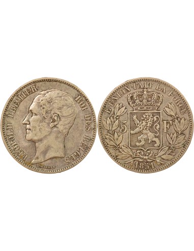 Belgique Léopold Ier Tête nue 5 francs Argent 1851 B. Bruxelles